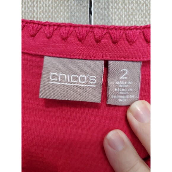 Chico's Red Cotton Embroidered Notch Neck 3/4 Sleeve T-Shirt Size 2 Large - Picture 3 of 8
